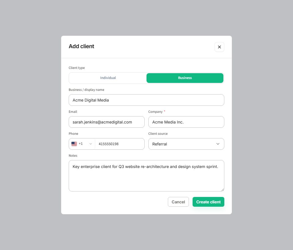 Flanceflow Client Creation Form