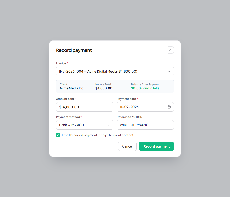Flanceflow Record Payment Modal