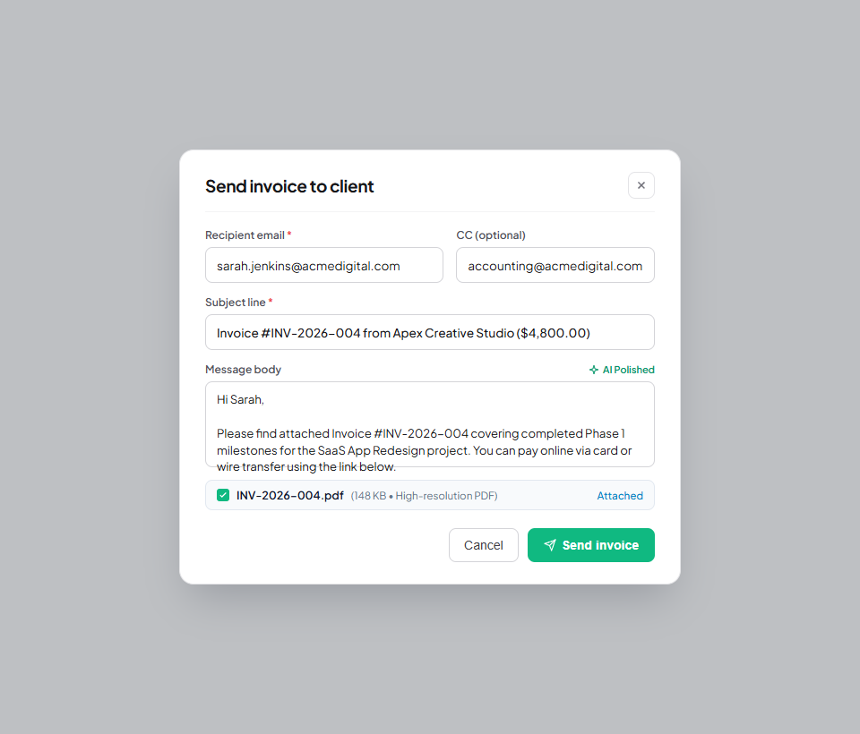 Flanceflow Email Invoice Delivery Modal
