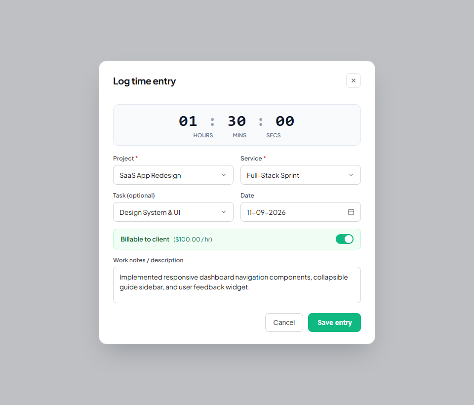 Flanceflow Time Entry Modal